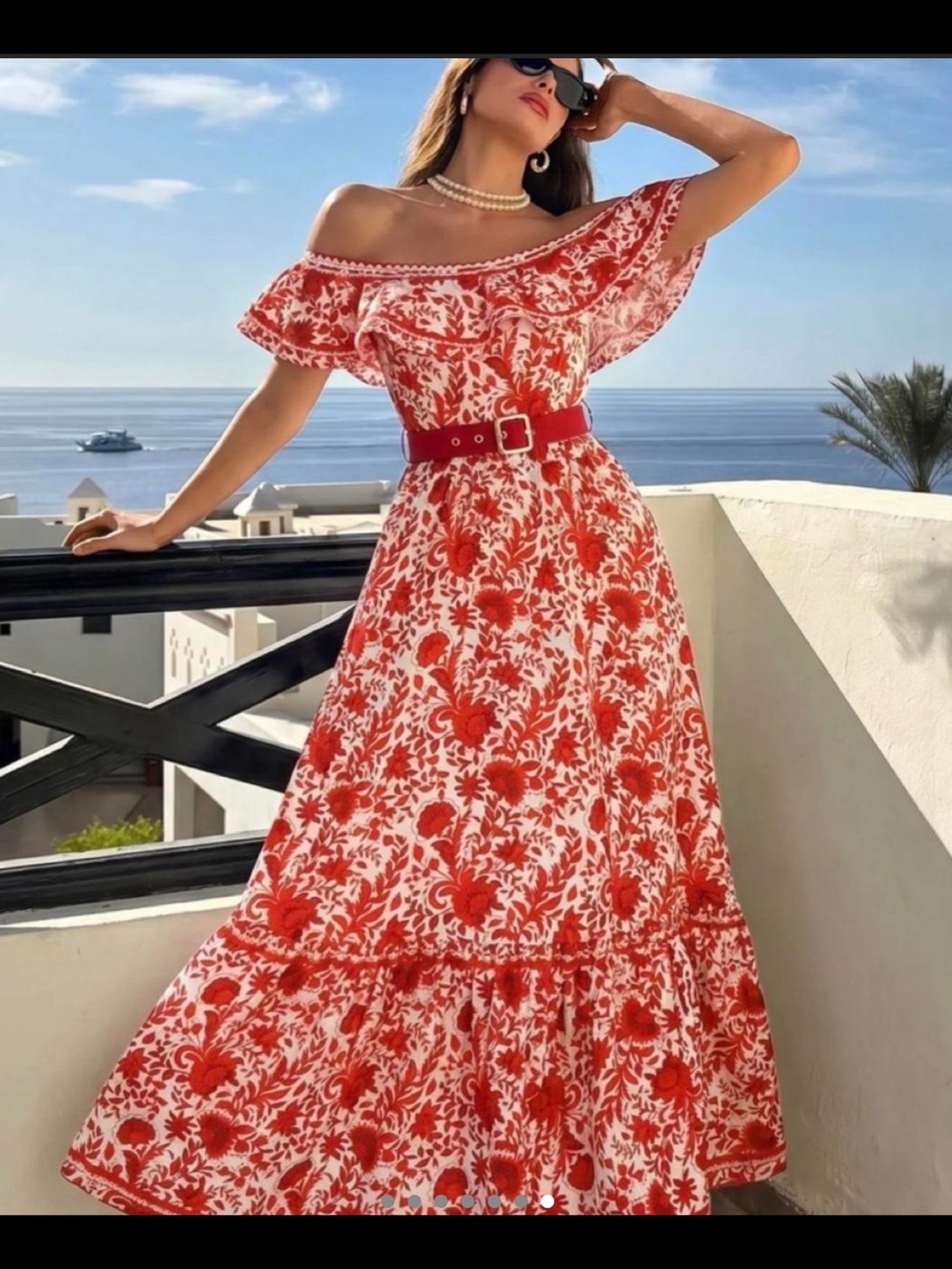 Source Unknown Red Floral One Piece Baithingsuite w/Belt & Maxi Skirt